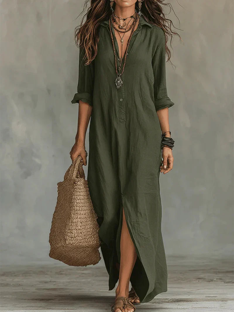 Céline™ | Vestido largo negro holgado con botones