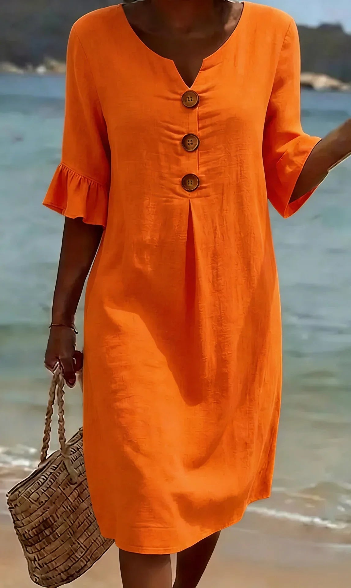 Vestido con Textura de Lino con Manga Abullonada y Botones