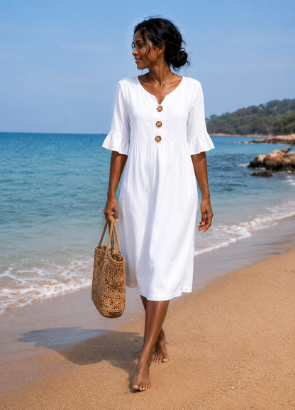 Vestido con Textura de Lino con Manga Abullonada y Botones