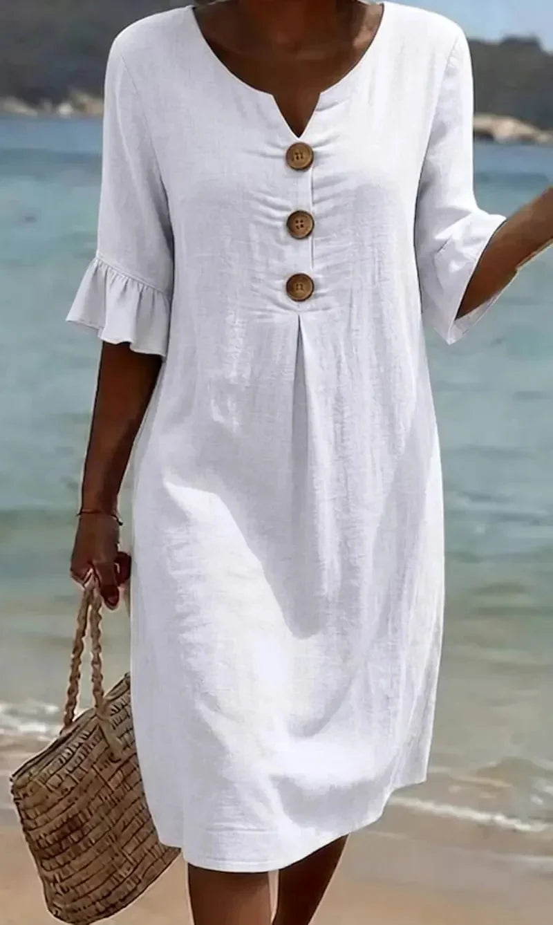 Vestido con Textura de Lino con Manga Abullonada y Botones