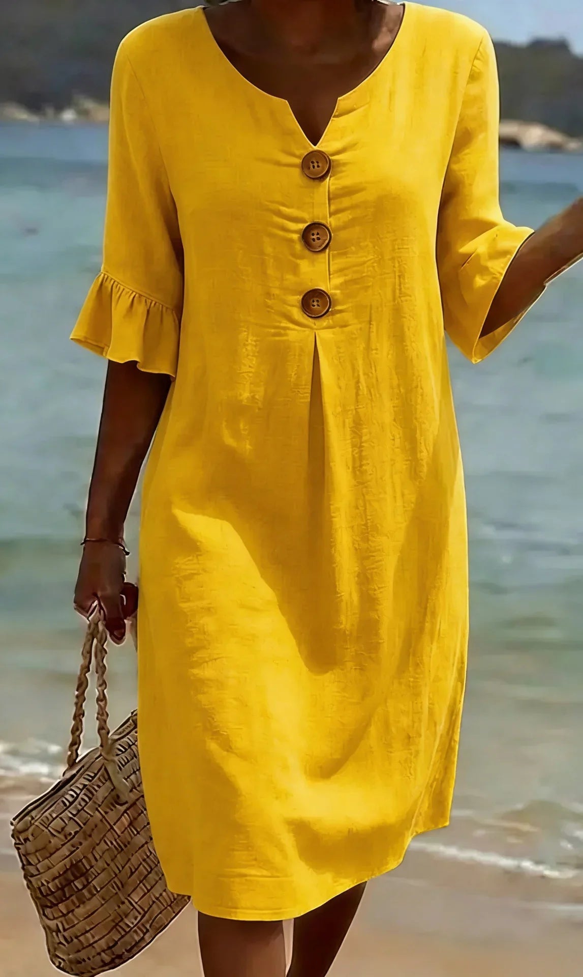 Vestido con Textura de Lino con Manga Abullonada y Botones