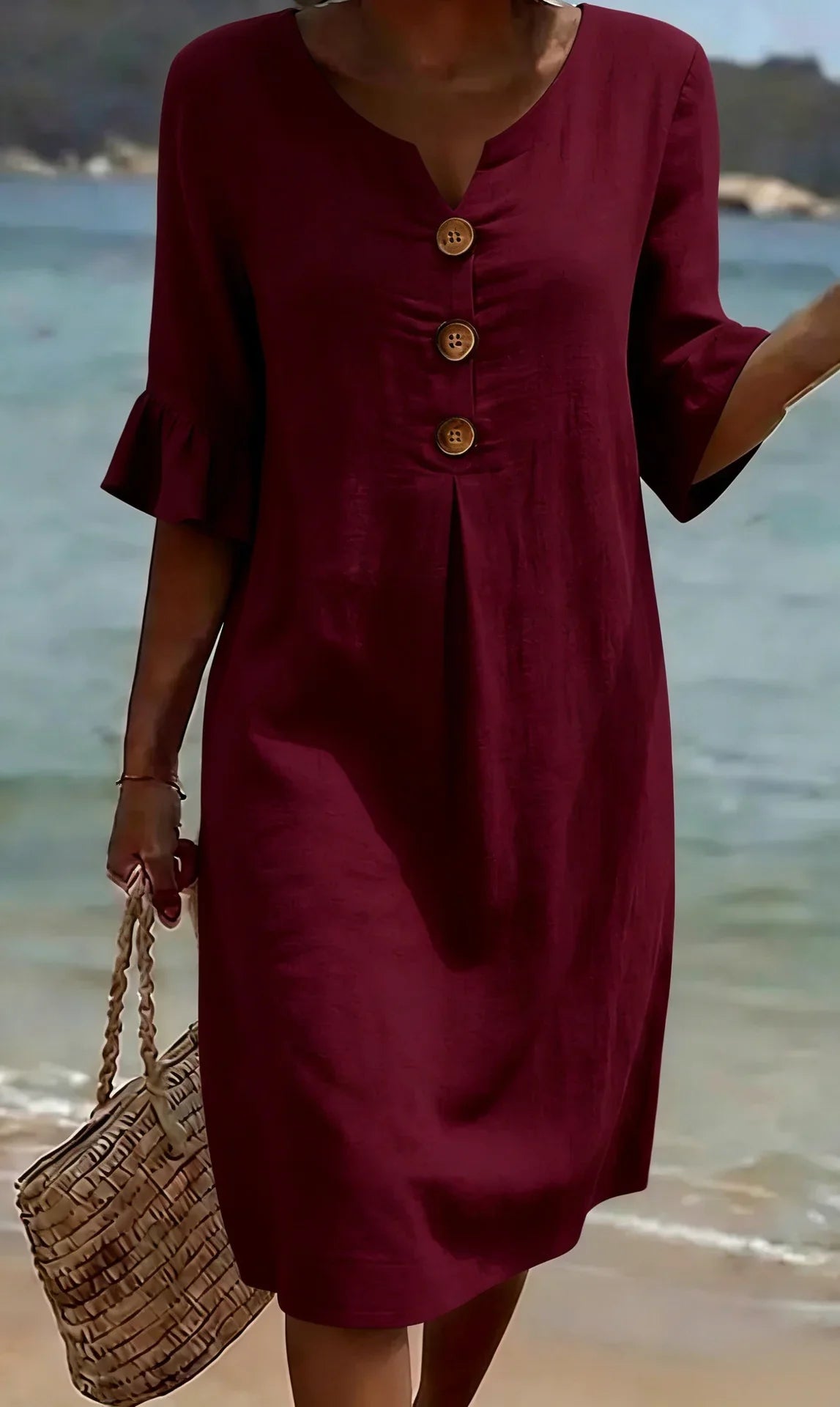 Vestido con Textura de Lino con Manga Abullonada y Botones