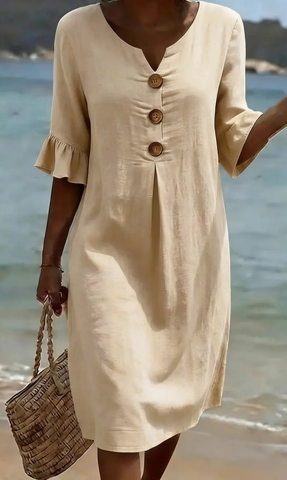 Vestido con Textura de Lino con Manga Abullonada y Botones