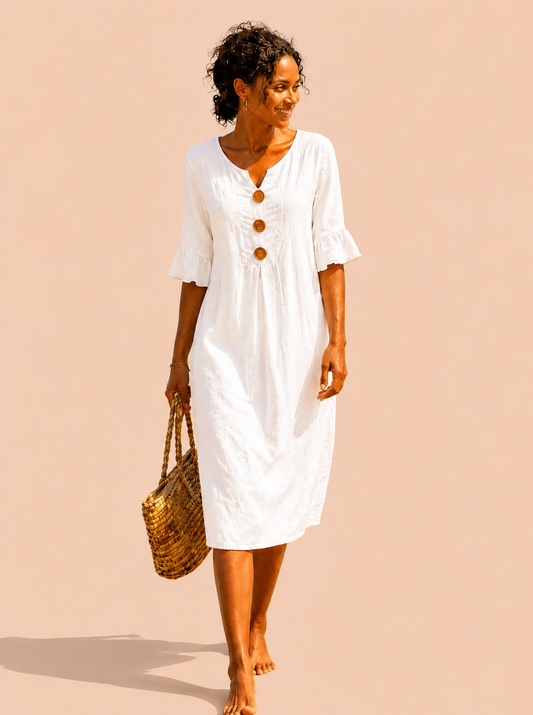Vestido con Textura de Lino con Manga Abullonada y Botones