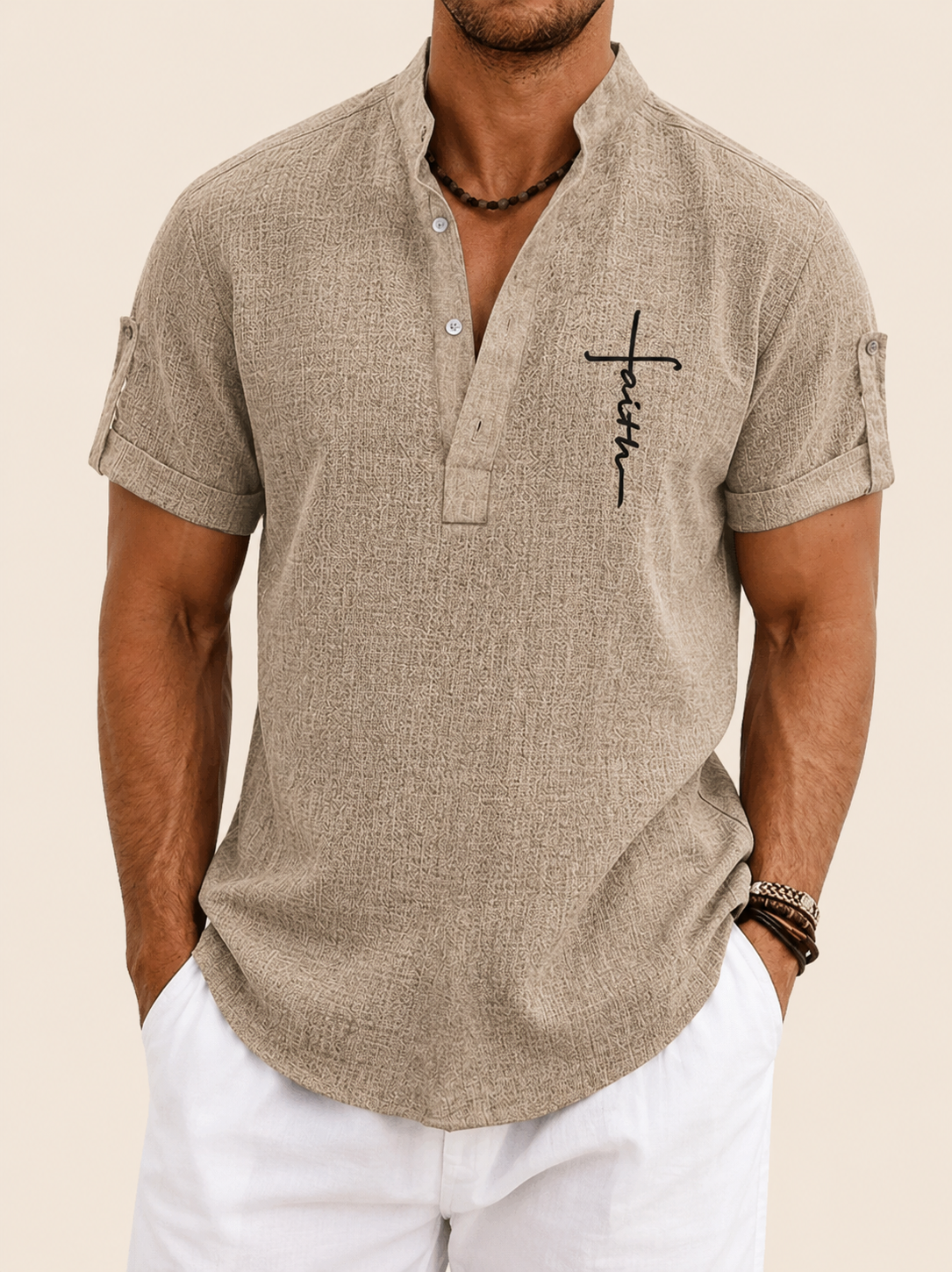 Camisa elegante de manga corta y cuello alto