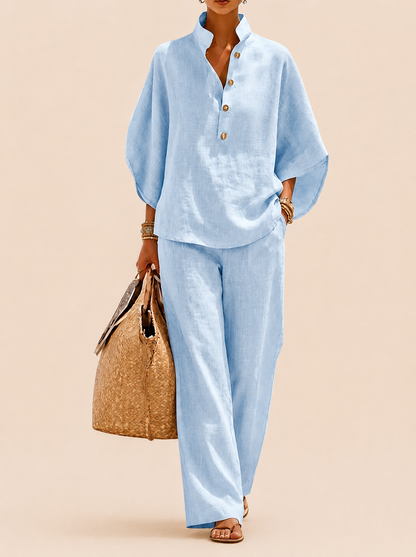 Conjunto de algodón y lino con mangas murciélago y pantalones anchos