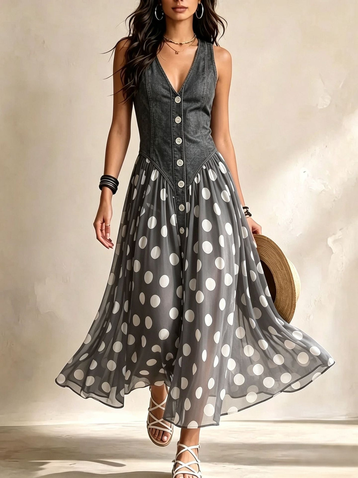 Adeline | Vestido largo de vaquero con lunares