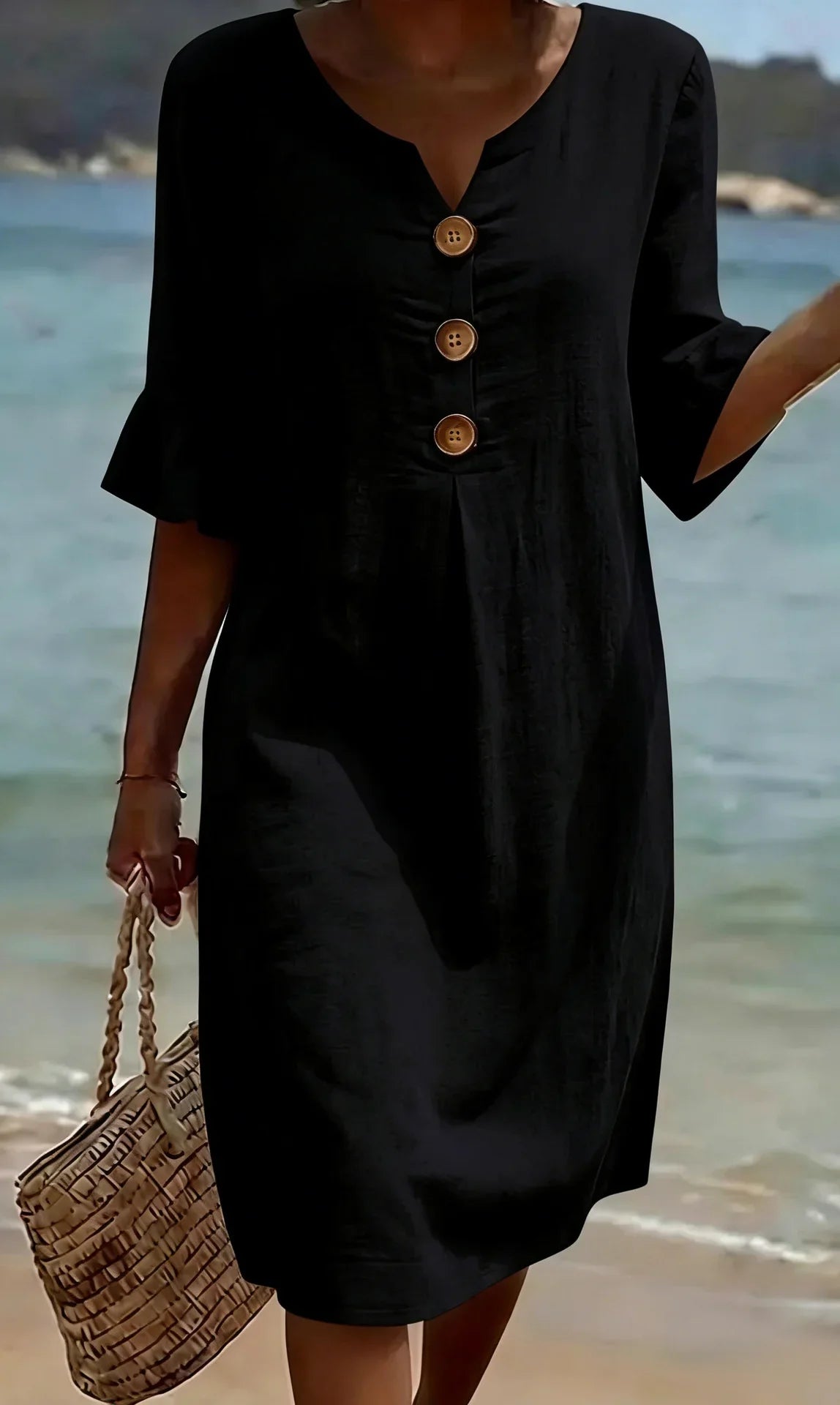 Vestido con Textura de Lino con Manga Abullonada y Botones