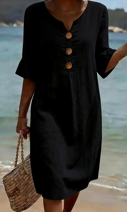 Vestido con Textura de Lino con Manga Abullonada y Botones