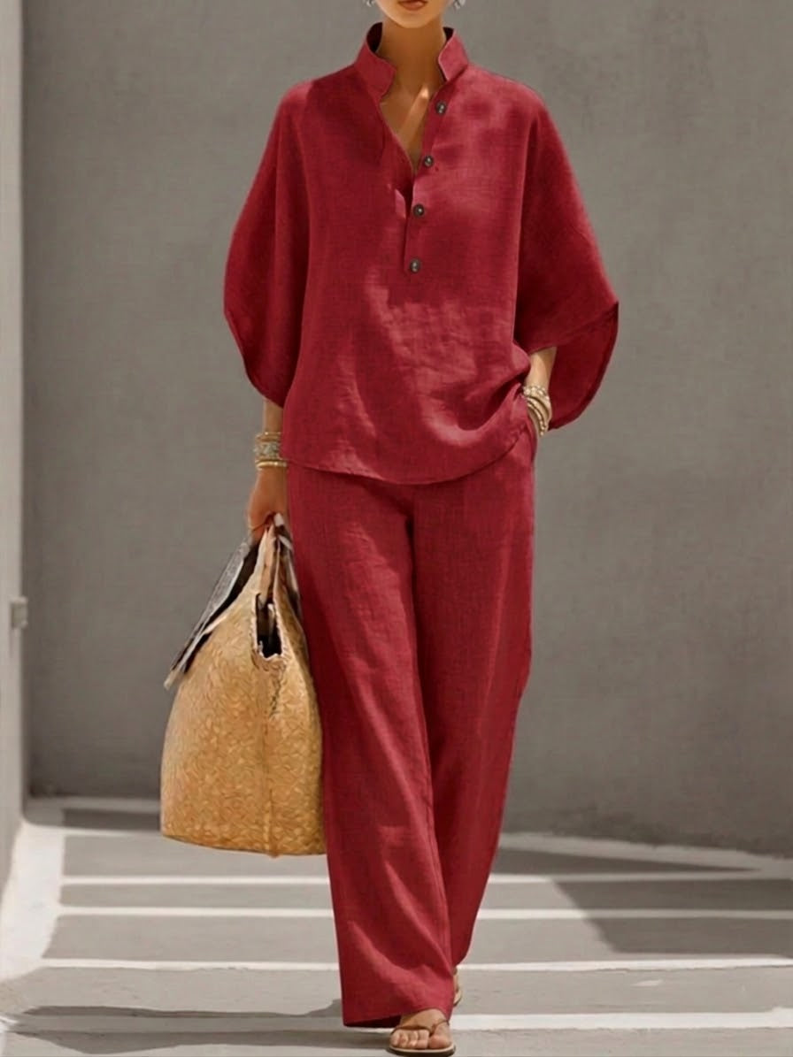 Conjunto de algodón y lino con mangas murciélago y pantalones anchos